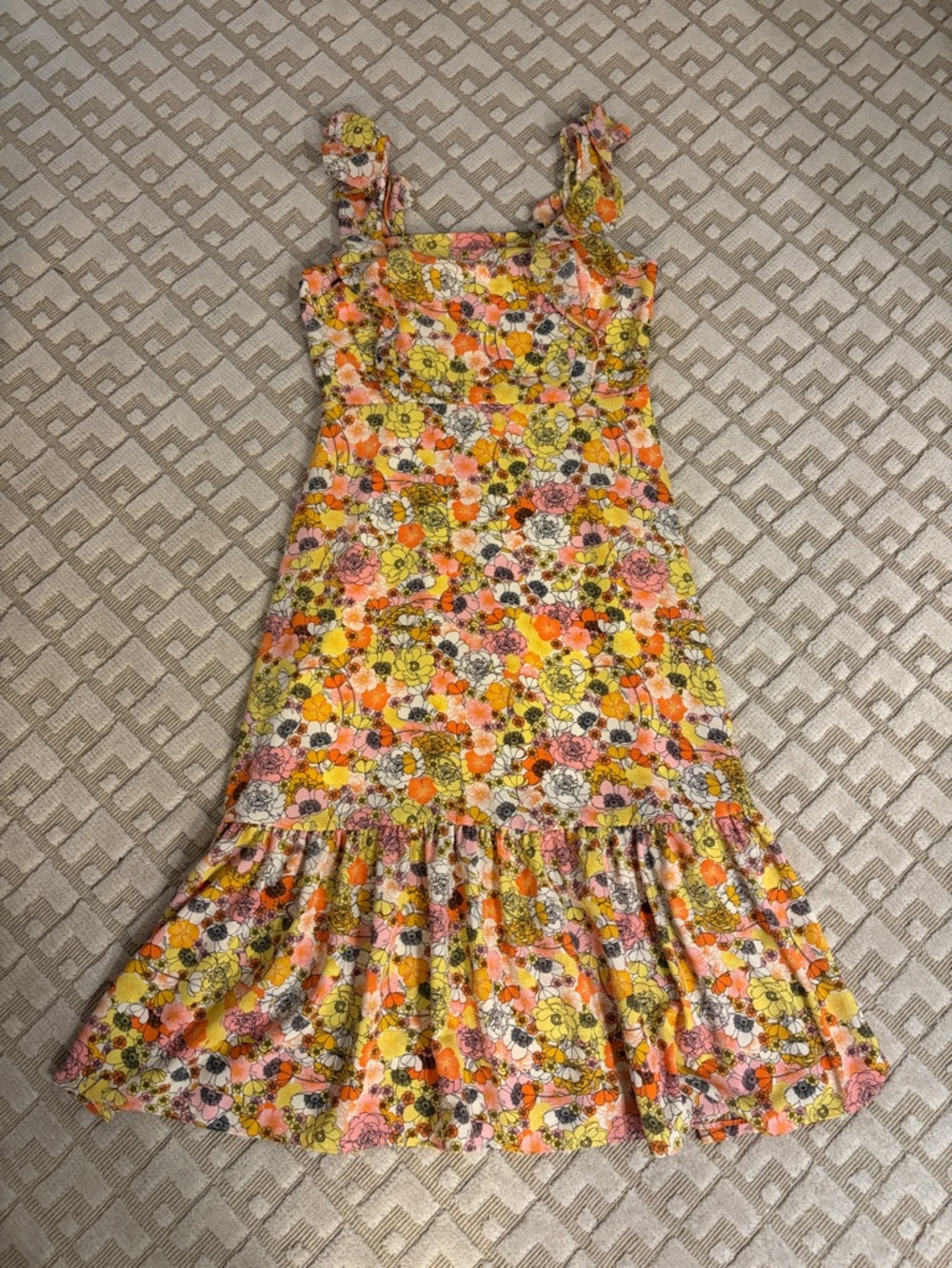 BCBGeneration White Dress with Yellow, Orange, and Pink Floral Design Size M